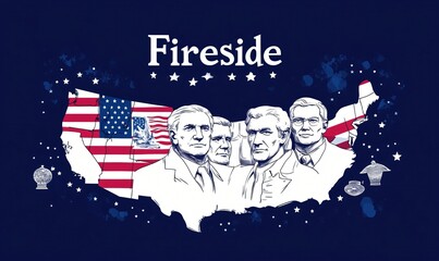 American Presidents Fireside Chat USA Map Patriotism Historical Illustration