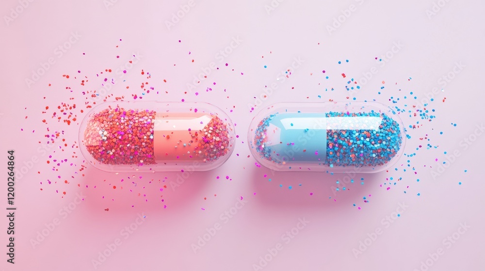 Poster colorful particles pour from a split capsule creating a vibrant display on a pastel background. gene