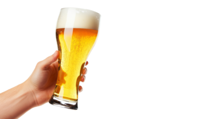 Hand holding a glass of beer, isolated on transparent background