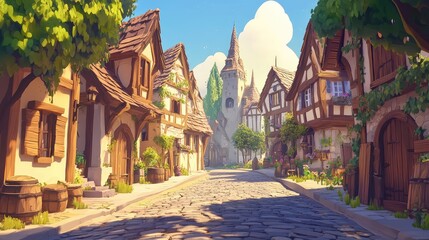 Fototapeta premium Medieval street with timber-framed houses, cobblestone paths, and a distant tower under sunlight. Ideal for fantasy art, games, and storytelling visuals