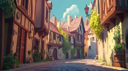 Fototapeta premium A tranquil medieval street adorned with timber-framed houses, vibrant flowers, and warm sunlight. Perfect for creative projects, storytelling, and historical settings