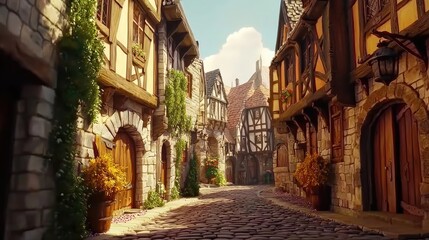 A quaint medieval street with stone houses, cobblestone paths, and vibrant flowers under a soft sunlight glow. Ideal for historical, fantasy, and storytelling concepts