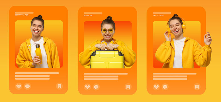 Influencer marketing. Social media posts of popular travel blogger creating personal brand, sharing viral content with her followers