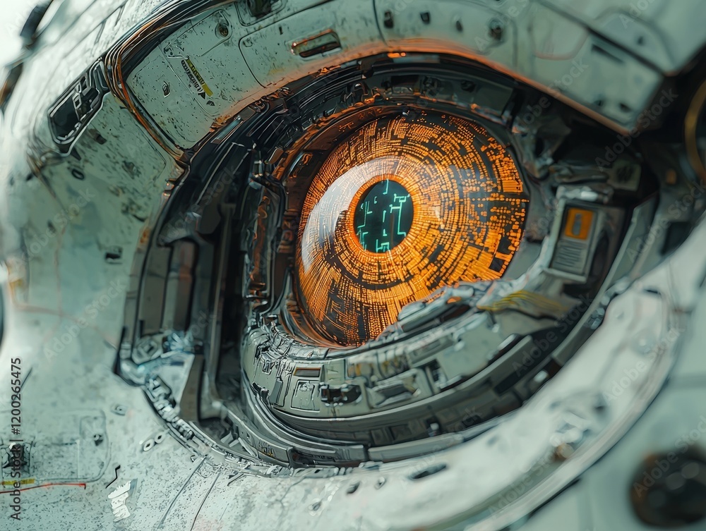 Poster close-up of a futuristic robotic eye with intricate details and glowing orange circuits. ideal for s