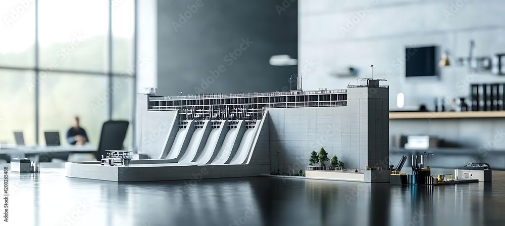 Poster a compact model of a hydropower station positioned strategically on a desk in a clean and functional