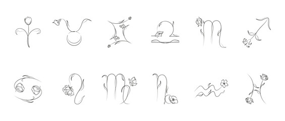 Set of floral zodiac signs. Abstract astrology horoscope symbols with wild flowers, modern boho mystic elements for print design. Vector collection