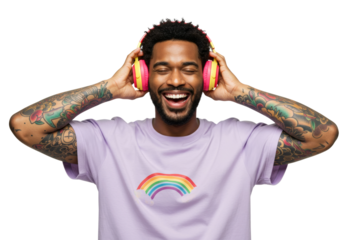 A colorful man wearing colorful headphones and enjoying music with a joyful smile , isolated on transparent background PNG