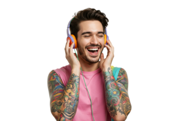 A colorful man wearing colorful headphones and enjoying music with a joyful smile , isolated on transparent background PNG