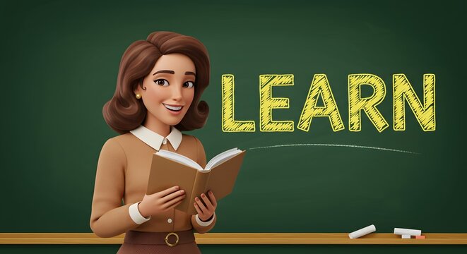 eacher with chalkboard, education theme. Female teacher holding book in front of blackboard with learn written in bold. School education focus on knowledge, learning, and professional growth