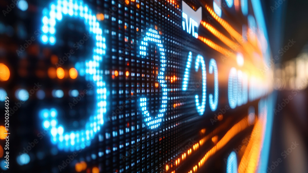 Poster close-up of digital stock market data display with numbers and charts in vibrant colors