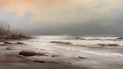 Seascape painting with muted colors. Waves crashing onto a desolate shore.