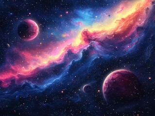 Obraz premium Vivid nebula with colorful planets. Ideal for space-themed designs, backgrounds, posters, or book covers. Explore the cosmos!