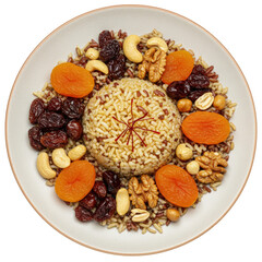 Fototapeta premium Persian Rice Salad on a plate: brown rice, dried fruits, nuts, saffron dressing