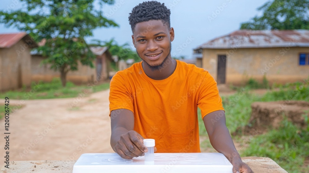 Poster a volunteer testing water from a village well using a portable water testing device