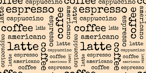 Fototapeta premium Seamless pattern with a cup of coffee. An invigorating aromatic drink. Wallpaper for a coffee shop. Doodle Pattern Style. seamless. hot chocolate. The inscription coffee. cappuccino. American. espress