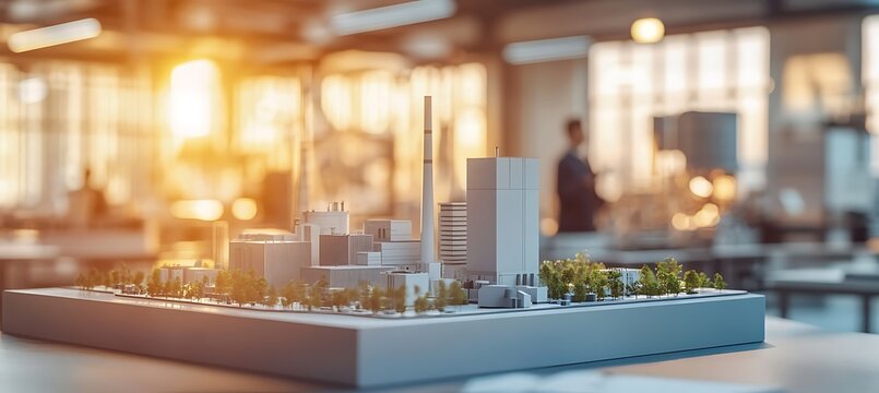 A carefully crafted model of a nuclear power plant displayed on a table in an office, emphasizing precision and engineering expertise.