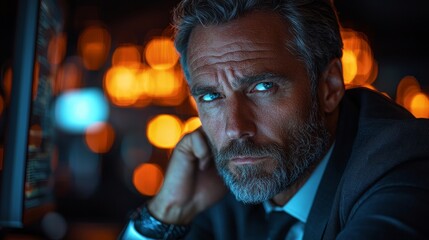 A tired and lazy adult bearded man, who is a manager, naps and yawns at his computer in the office. This Caucasian, mature, and ill businessman is bored with his project and needs energy, feeling