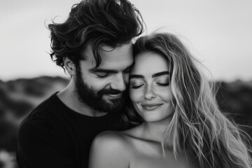 Fototapeta premium Intimate Monochrome Portrait of a Couple: A Tender Embrace in Nature's Soft Light. Evoking Love, Romance, and Connection. Perfect for Valentine's Day, Anniversary, or Wedding celebrations.