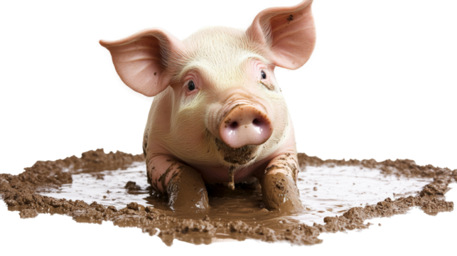 Pig in muddy puddle, isolated on transparent background