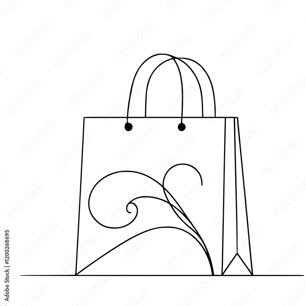 Poster a simple illustration of a paper bag with leaf patterned handles on a light background, ideal for us