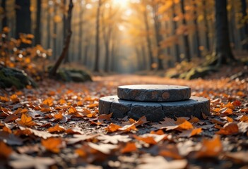 Obraz premium Natural Stone Podium in Autumn Forest - Ideal for Showcasing Your Products with a Warm and Natural Feel