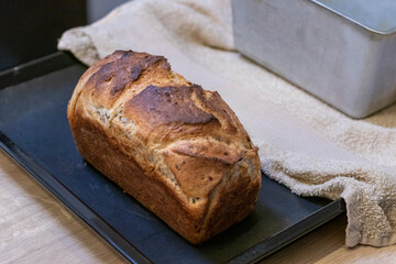 Loaf of freshly baked home made rye bread. Food