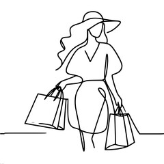 An elegant woman in a dress and a brimmed hat with fluffy hair stands with many packages in both hands. Graphic single line contour vector simple minimalistic illustration.