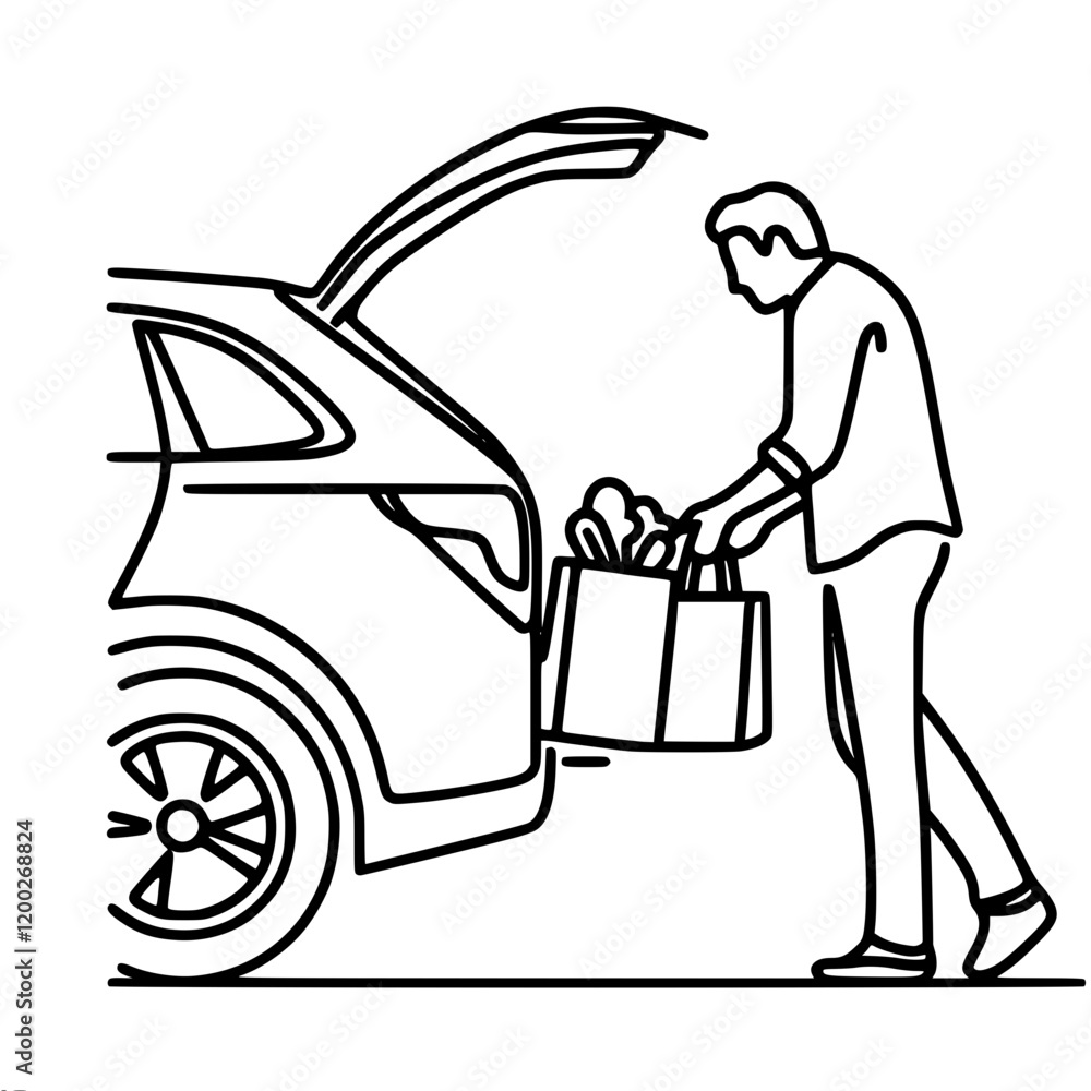 Poster man loading groceries into car trunk, single line vector simple outline minimalistic drawing
