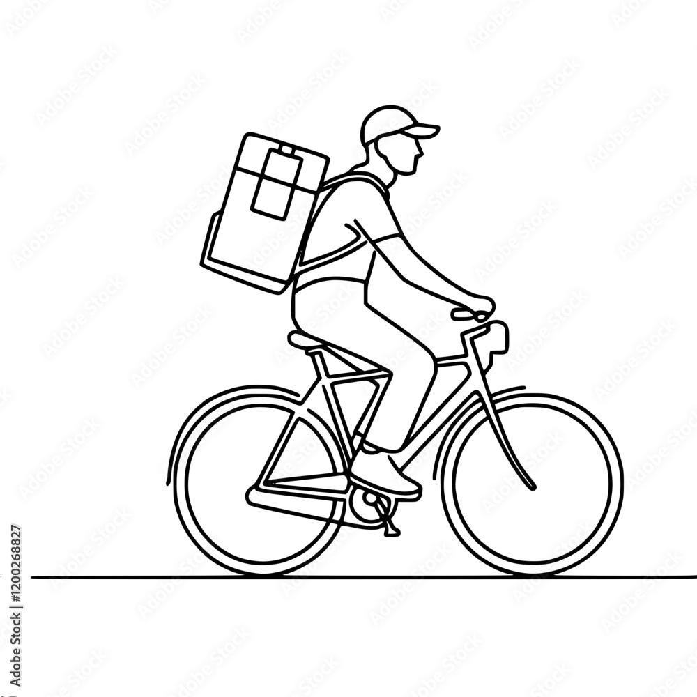 Poster courier on a bicycle with a backpack, single line vector simple contour minimalistic drawing