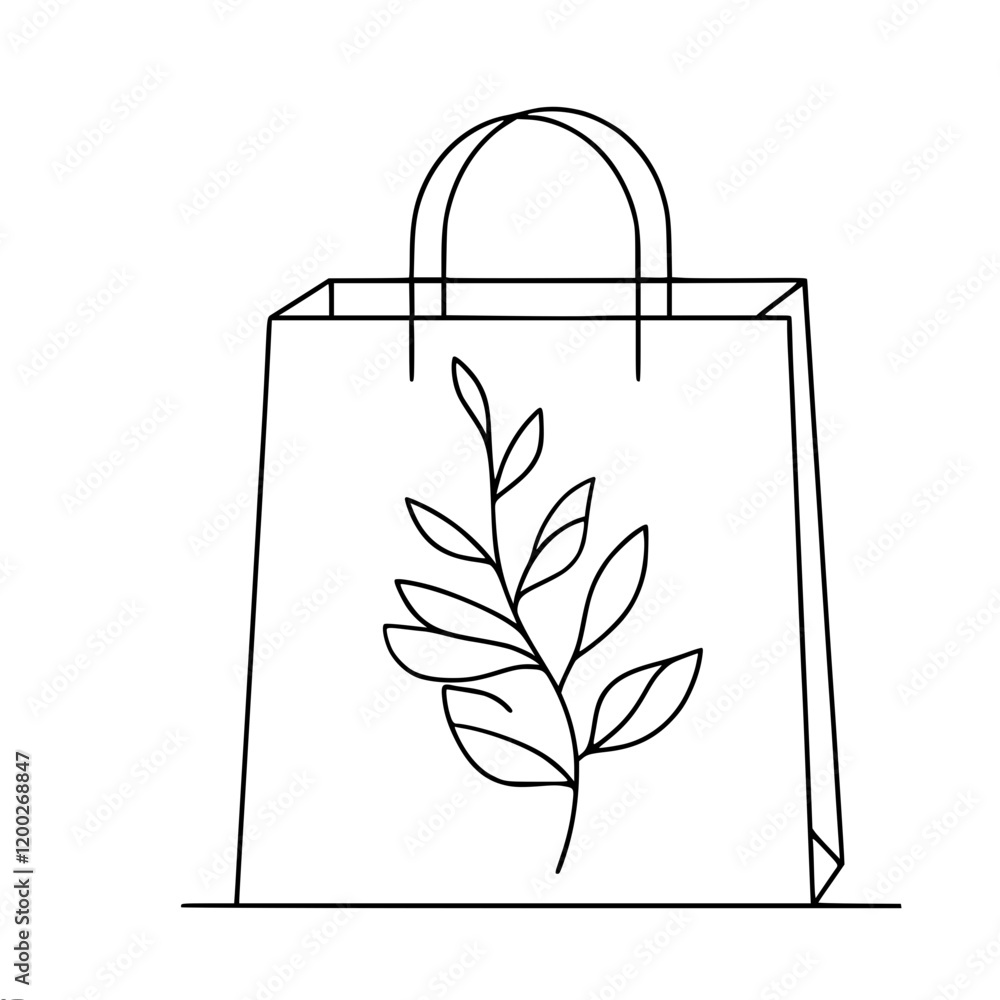 Poster simple illustration of a paper bag with handles and a drawing of a branch with leaves on a light bac