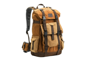 Outdoor backpack suitable for hiking and camping adventures in natural surroundings isolated on transparent background
