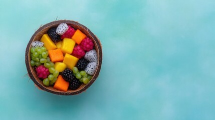 an overhead view of a vibrant fruit salad made from exotic fruits like dragon fruit, mango