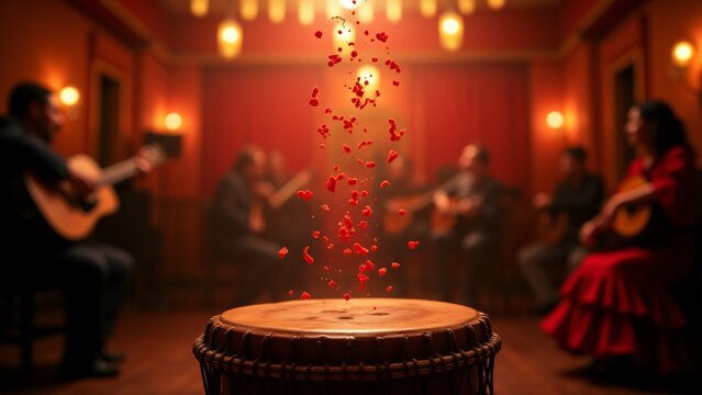 A traditional flamenco caja surrounded by floating rhythmic notes, set against a blurred Andalusian tablao. The vibrant notes and passionate rhythms reflect the intensity of flamenco music and dance.