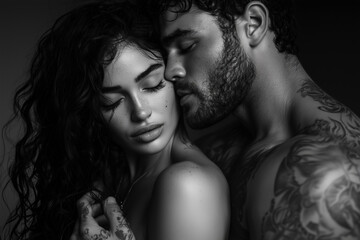 A Captivating Monochrome Portrait of a Couple's Intimate Embrace: The interplay of light and shadow highlights the raw emotion and connection between two lovers.