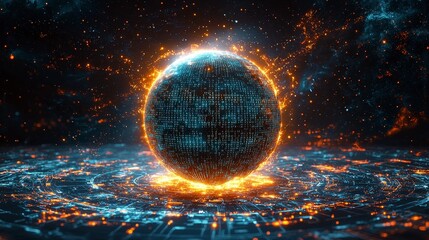 Fiery digital globe with glowing circuit patterns.