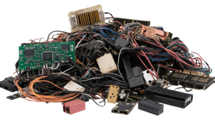 Pile of electrical trash including old circuit boards, isolated on transparent background