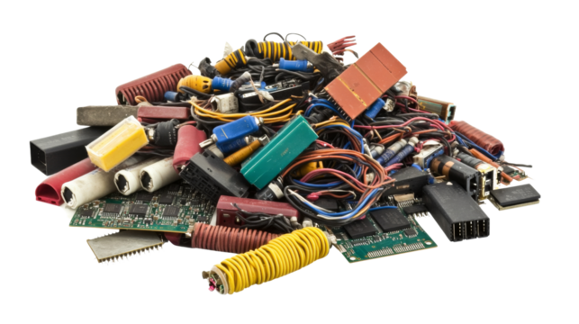 Pile of electrical trash including old circuit boards, isolated on transparent background