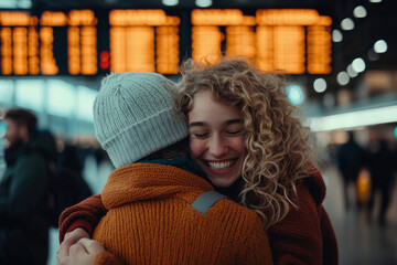Emotional Airport Reunion: Couple's Warm Embrace at the Arrival Gate - A heartwarming photo capturing the joy and love of a reunion at the airport, symbolizing travel, connection, and togetherness.