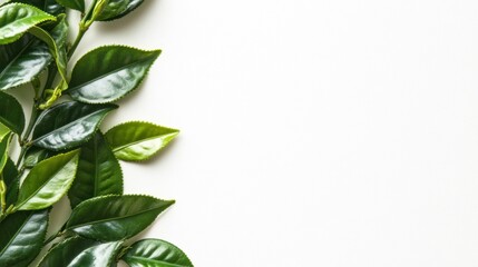 Vibrant Green Tea Leaves on White Background: A Refreshing Image