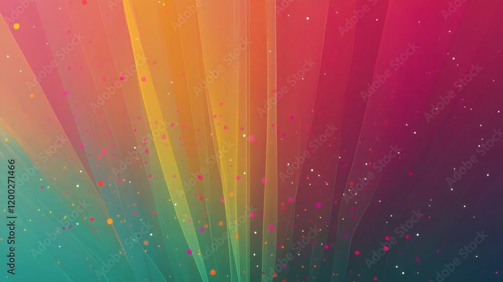 Poster colorful light rays emanating from lower edge, dynamic particles swirling across luminous digital ba