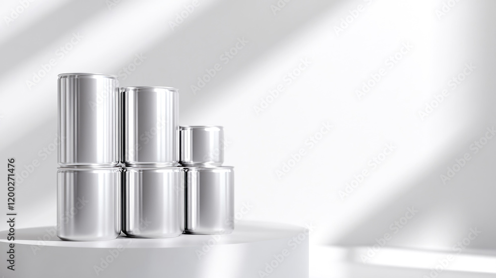 Poster minimalistic display of metallic silver cans on white circular platform with soft shadows