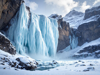 Dramatic Ice-Blue Frozen Cascade Amidst Snow-Covered Mountain Landscape