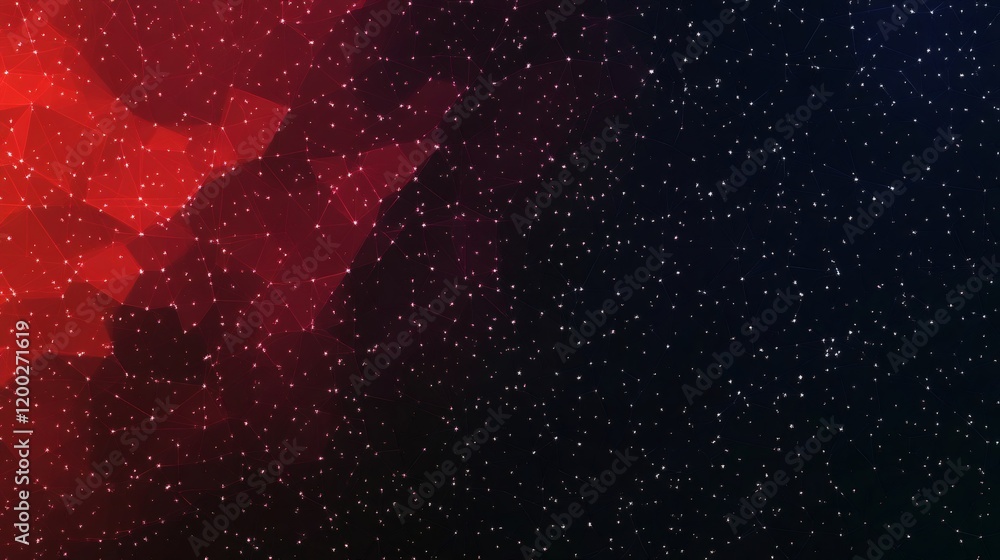 Poster geometric red and blue background with connecting dots and lines, perfect for technology or science 