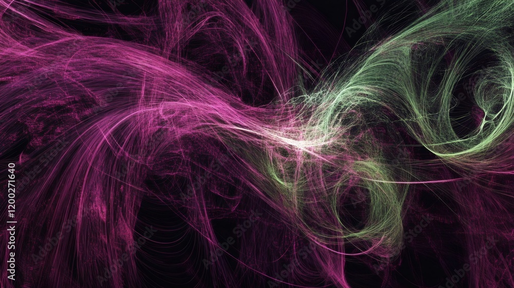 Poster swirling pink and green lines creating a dynamic and ethereal abstract composition on a black backgr