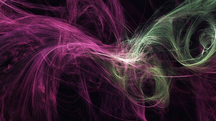 Swirling pink and green lines creating a dynamic and ethereal abstract composition on a black background