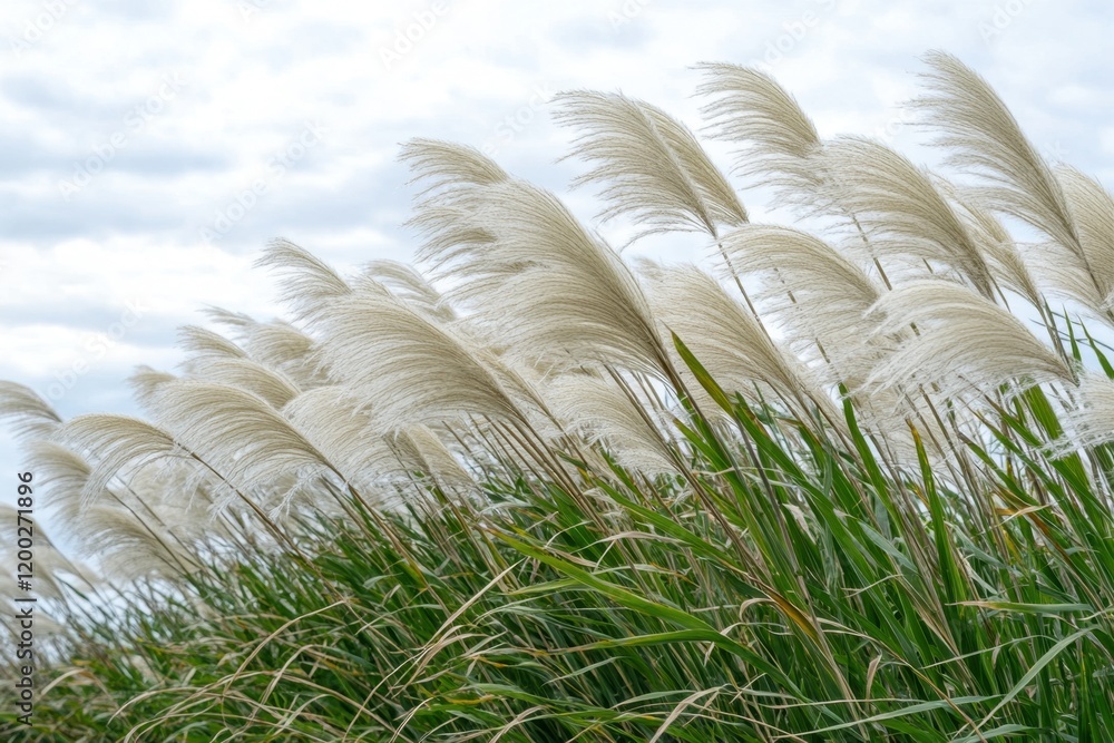 Aufkleber a close-up shot of tall grass swaying in the breeze against a cloudy sky, creating an ethereal and d
