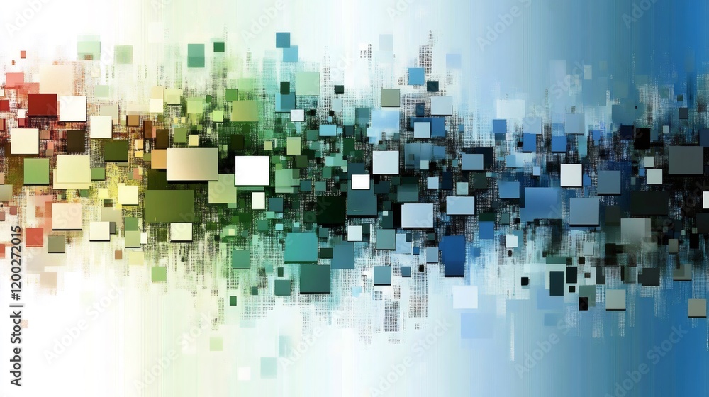 Poster vibrant digital squares floating dynamically, generating spatial depth within geometric composition