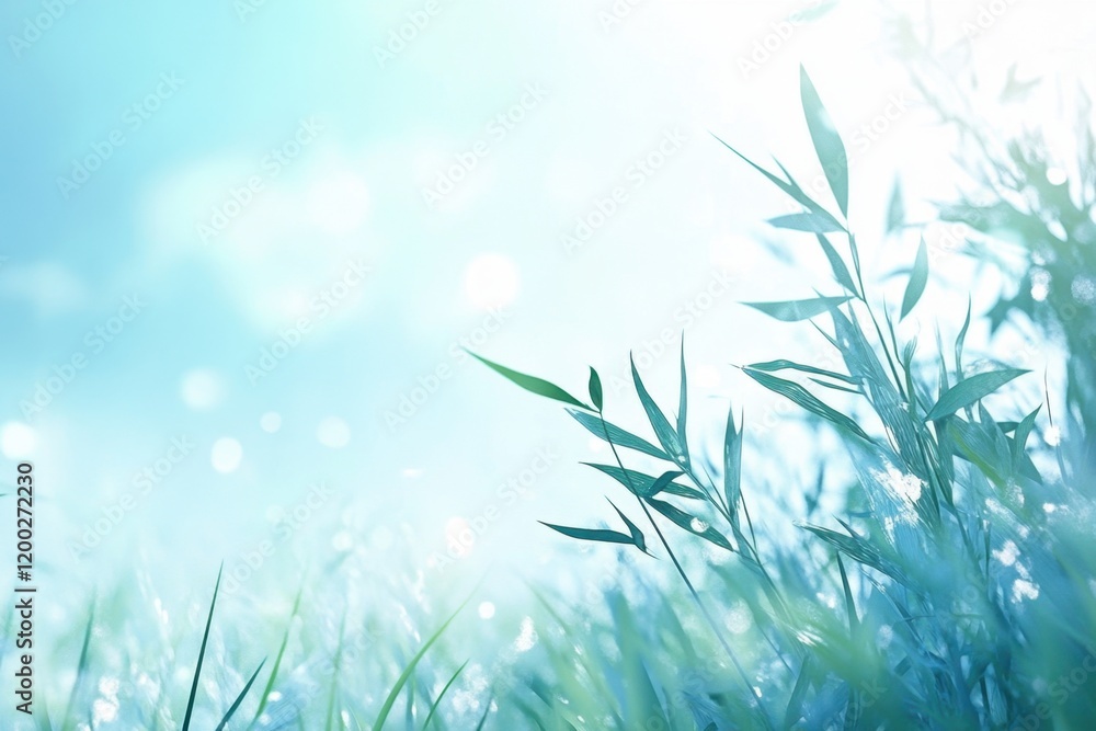 Poster a blurred background of tall grasses swaying in the breeze, with a soft focus on distant clouds and 