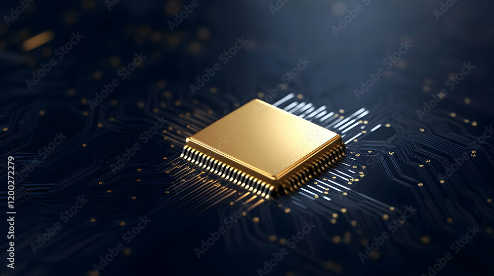Poster a close-up view of a gold microchip on a circuit board, highlighting intricate details of electronic