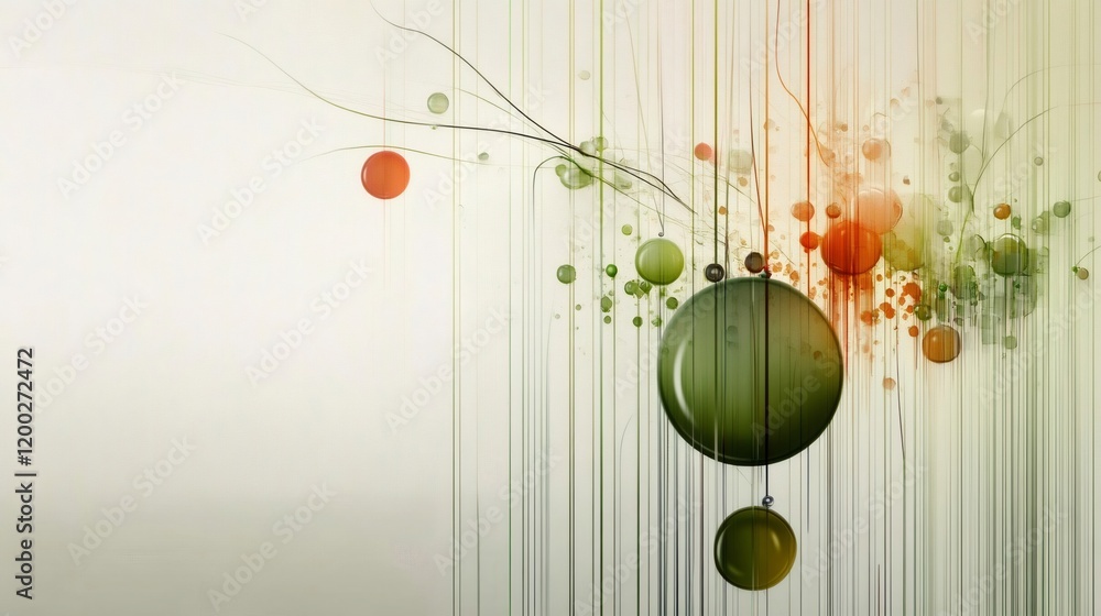Poster abstract background featuring hanging spheres, vertical lines, and delicate tendrils, creating a vis